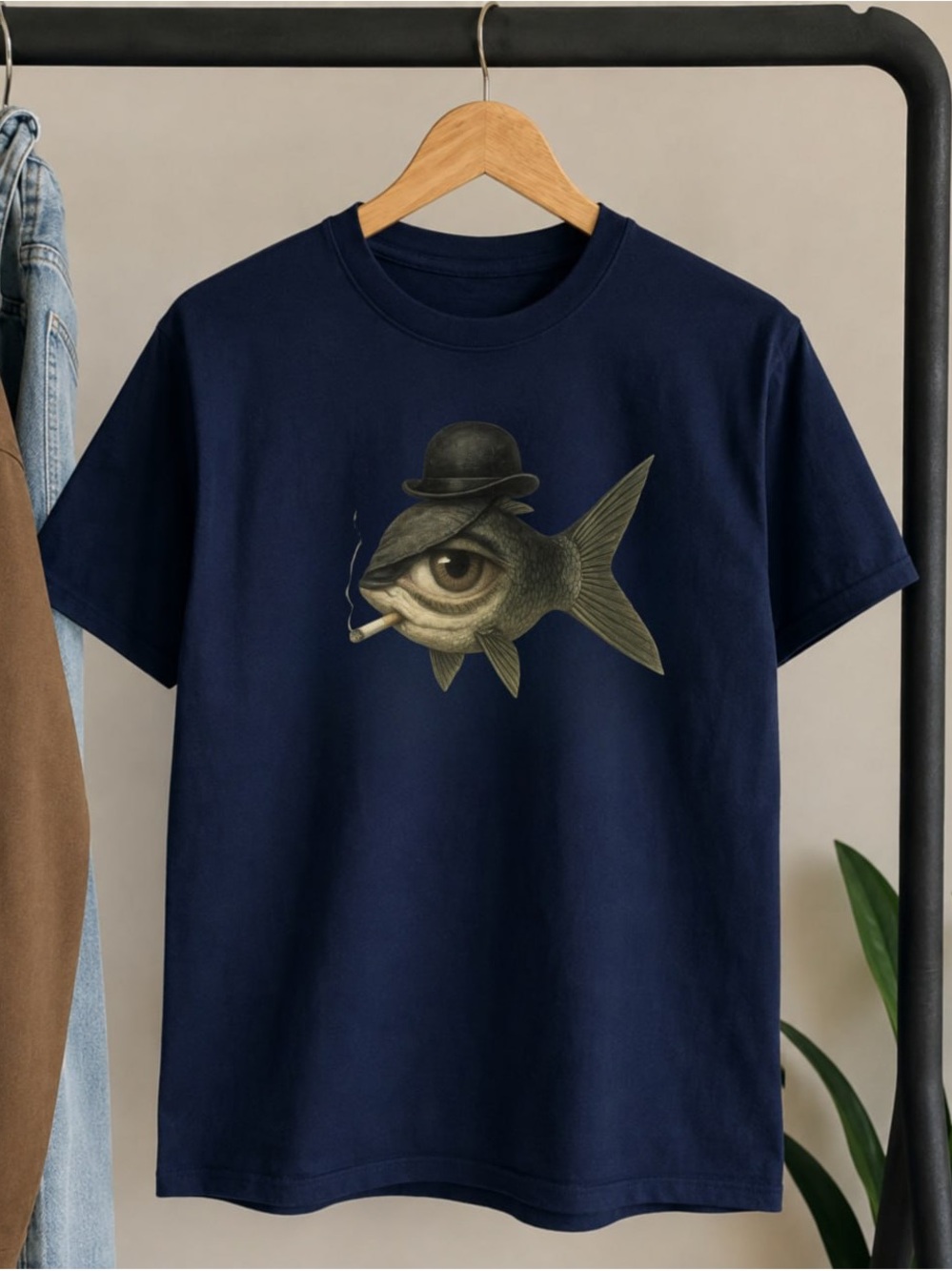 Gildan Navy Short-Sleeve Tee with Surreal Fish Graphic